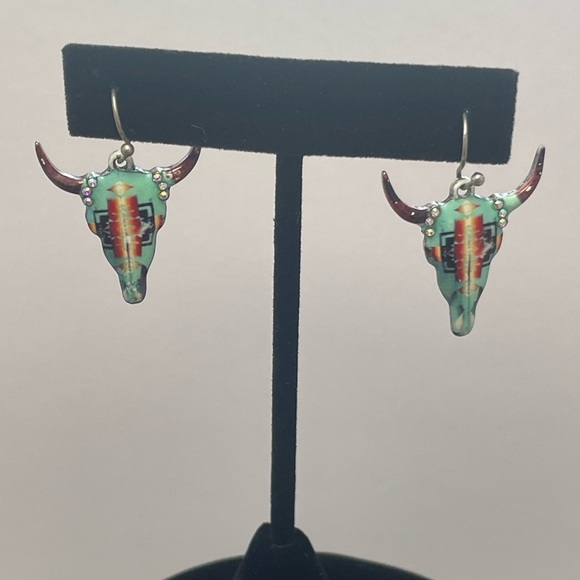 Southwestern Longhorn Skull Earrings in turquoise and coral enamel - Picture 6 of 6